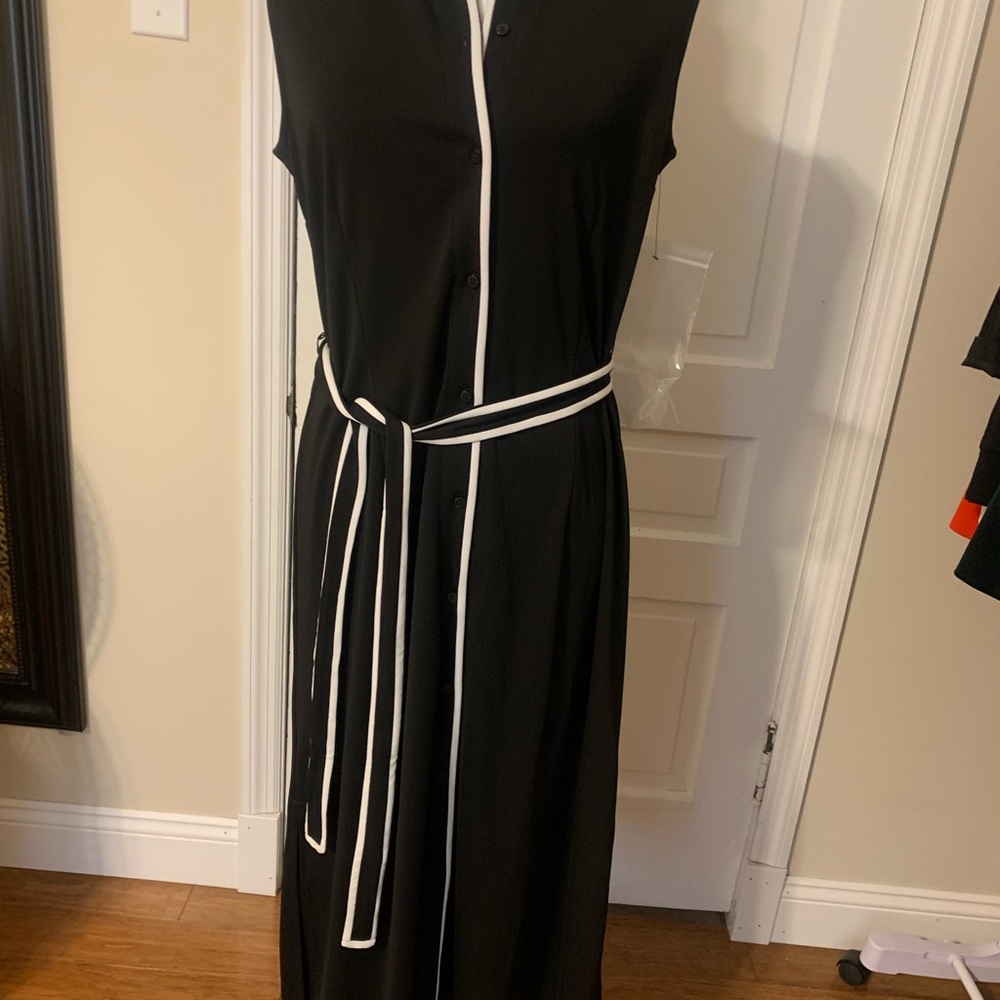 Talbots PL Black sleeveless dress with white trim.